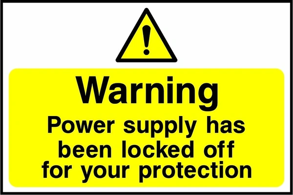 Warning — Power supply has been locked off for your protection. a yellow warning panel and hazard symbol. Artwork LOCK0020.