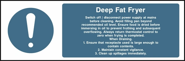 Deep fat fryer — Cleaning, filling and draining instructions. Food processing sign artwork FOOD0064.