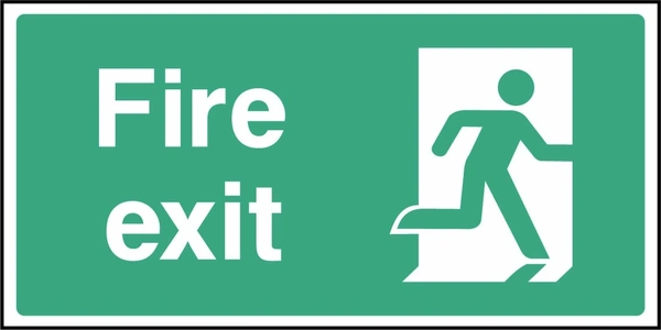 Green and white Fire exit sign showing a running-person symbol facing right. Artwork EMER0035.