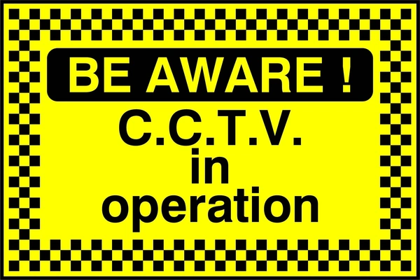 Be Aware! — C.C.T.V. in operation sign. black text on yellow with a chequered border and Be Aware heading. Artwork SECU0091.