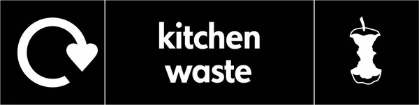 Kitchen waste recycling sign showing white recycling arrow and waste illustration and wording on a black letterbox panel. Artwork ORGA0012.