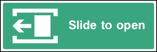 Green and white Slide to open sign showing left-pointing arrow. Artwork EMER0037.