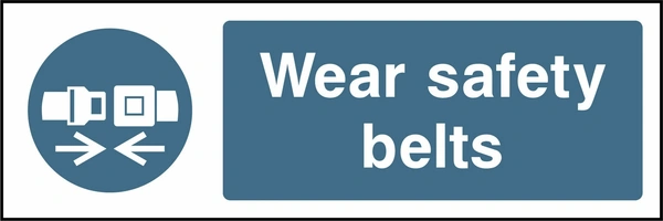 Wear safety belts sign showing blue safety belt pictogram beside wording. Artwork PPE0019.