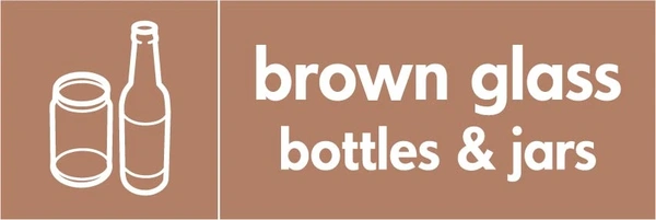 Brown glass bottles & jars recycling sign showing glass illustration and wording on a brown letterbox panel. Artwork GLAS0012.