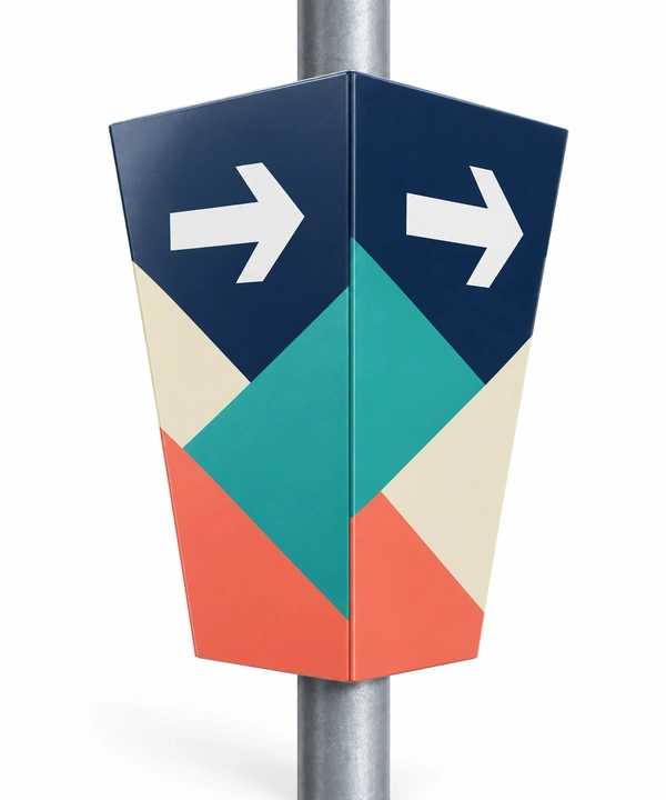 Illustrative mockup of a tapered three-face composite post marker with neutral directional artwork. The post shown is not included.