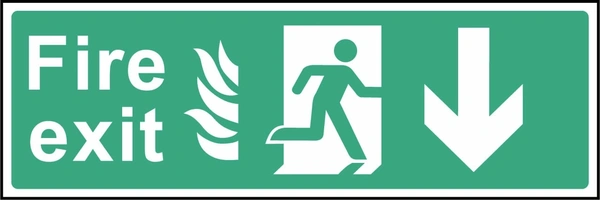 Green and white Fire exit sign showing downward arrow. Artwork EMER0024.