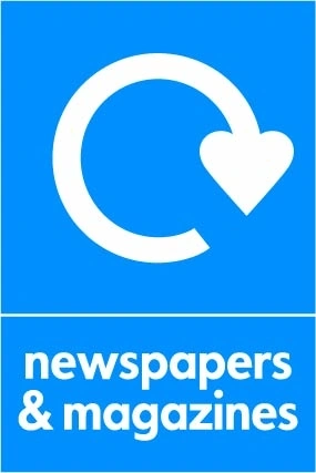 Newspapers & magazines recycling sign showing white recycling arrow and wording on a blue portrait panel. Artwork PAPE0028.