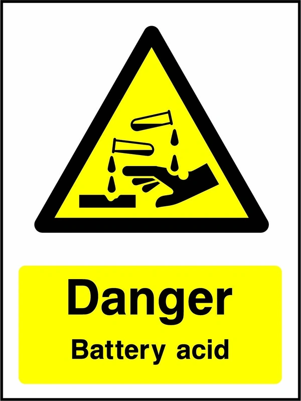 Danger — Battery acid sign with yellow triangular corrosion pictogram above wording. Artwork CHEM0049.