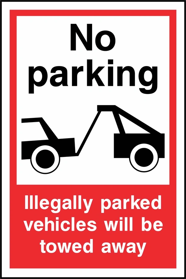 No parking — Illegally parked vehicles will be towed away sign. tow-truck pictogram with red-and-white wording. Supplied artwork PARK0074.