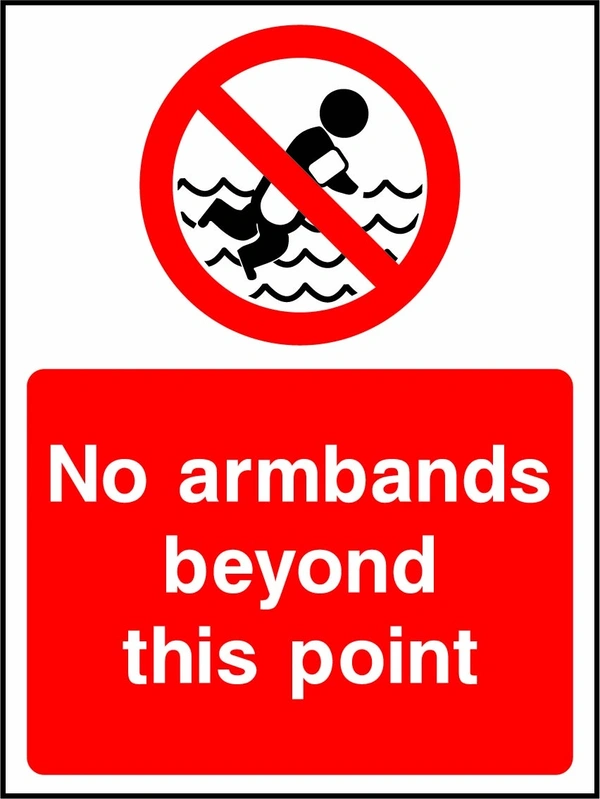 No armbands beyond this point sign showing a red prohibition pictogram above the printed instruction. Artwork WATE0016.