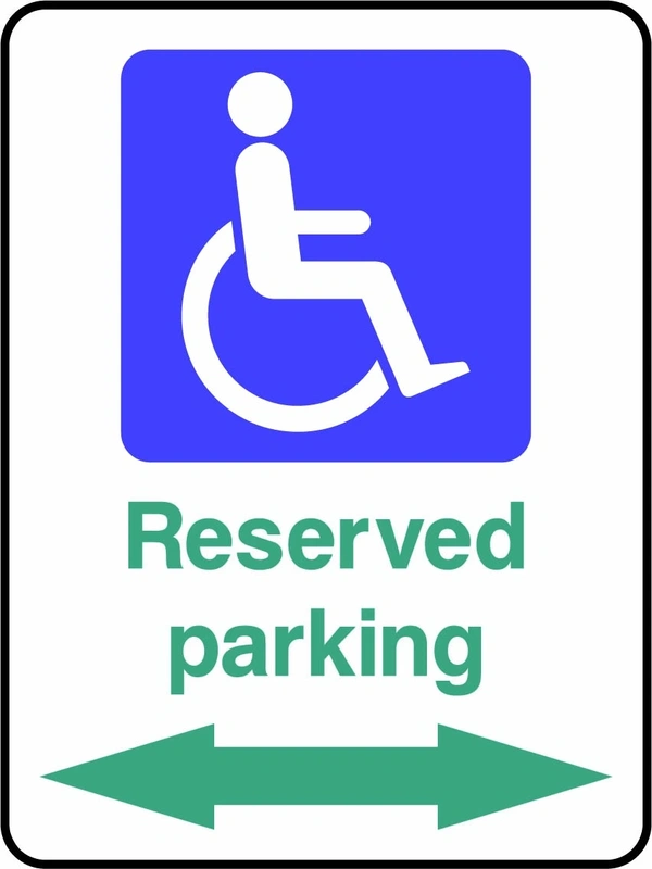 Reserved parking sign showing wheelchair pictogram and green double-ended arrow. Artwork DDA0012.