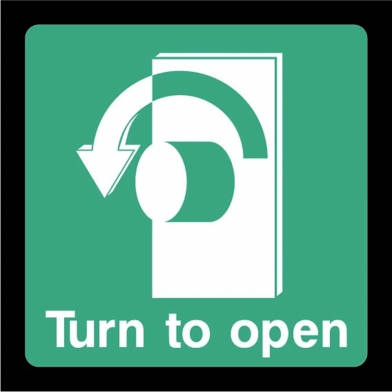 Green and white Turn to open sign showing anticlockwise knob arrow. Artwork EMER0049.