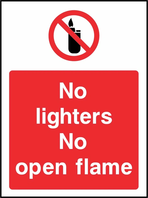 No lighters — No open flame sign. red prohibition pictogram above a red wording panel. Artwork SMOK0068.