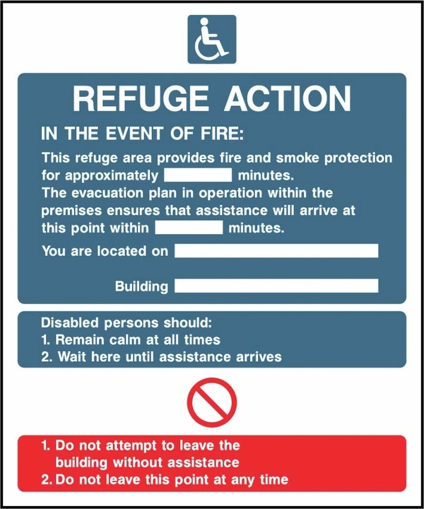Refuge Action — In the event of fire printed notice with the original action instructions and layout. Artwork FACT0017.