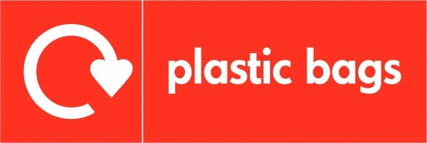 Plastic bags recycling sign showing white recycling arrow and wording on a red letterbox panel. Artwork PLAS0003.