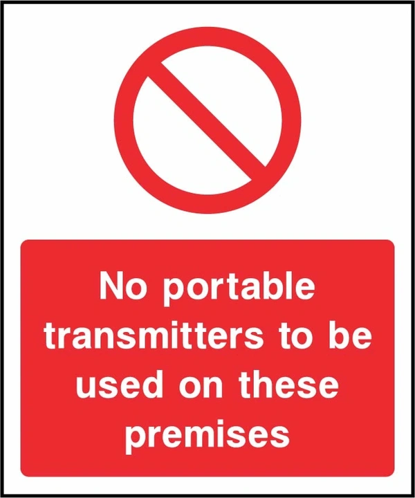 No portable transmitters to be used on these premises sign. red prohibition pictogram and wording. Artwork SECU0026.