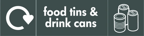 Food tins & drink cans recycling sign showing white recycling arrow, material illustration and wording on a dark grey letterbox panel. Artwork META0029.