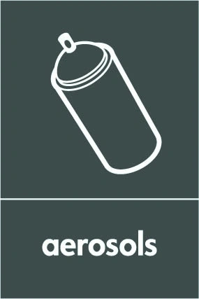 Aerosols recycling sign showing white material illustration and wording on a dark grey portrait panel. Artwork META0043.