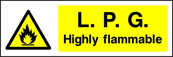 L.P.G. — Highly flammable sign with yellow triangular flame pictogram beside wording. Artwork CHEM0041.
