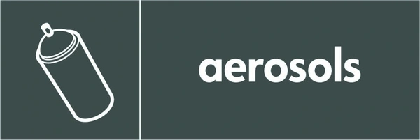 Aerosols recycling sign showing white material illustration and wording on a dark grey letterbox panel. Artwork META0011.