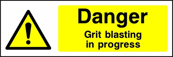 Danger — Grit blasting in progress sign showing yellow exclamation warning triangle beside wording. Artwork MACH0018.