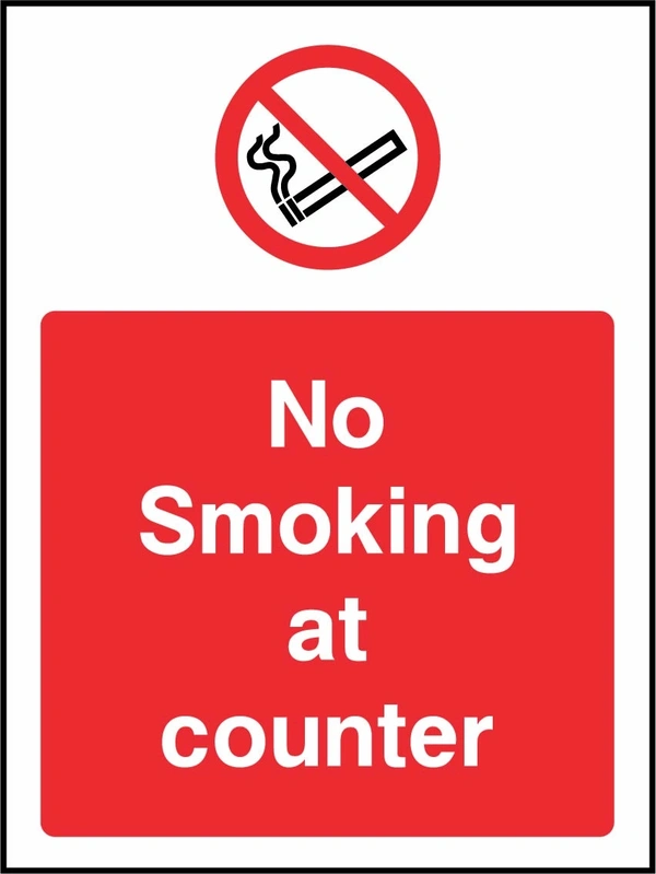 No Smoking at counter sign. red prohibition pictogram above a red wording panel. Artwork SMOK0060.