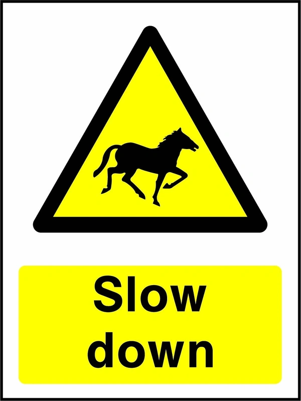 Slow down sign showing yellow animal warning triangle above wording. Artwork COUN0005.