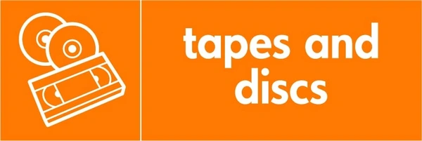 Tapes and discs collection-point artwork with a white item illustration and wording on orange. OTHE0020.