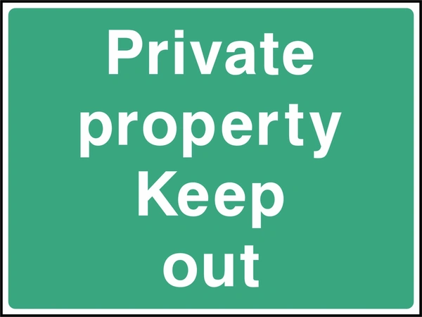 Private property — Keep out sign showing white wording on a green panel. Artwork COUN0082.