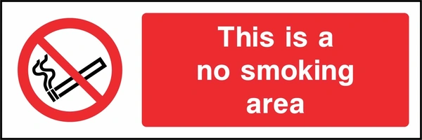 This is a no smoking area sign. red cigarette or naked-flame prohibition pictogram beside a red wording panel. Artwork SMOK0002.