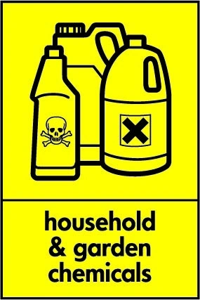 Household & garden chemicals sign showing black pictogram and wording on a yellow panel. Artwork HAZA0013.