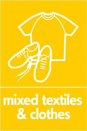 Mixed textiles & clothes recycling sign showing white textile illustration and wording on a yellow portrait panel. Artwork TEXT0018.