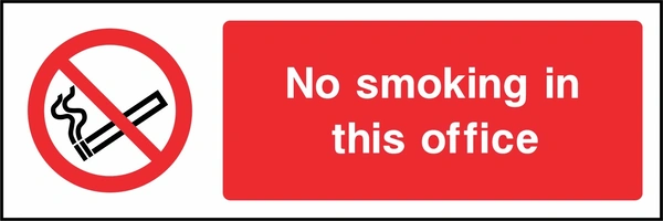 No smoking in this office sign. red cigarette or naked-flame prohibition pictogram beside a red wording panel. Artwork SMOK0021.