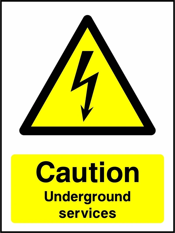 Caution — Underground services sign showing yellow electrical lightning bolt warning triangle above wording. Artwork ELEC0049.