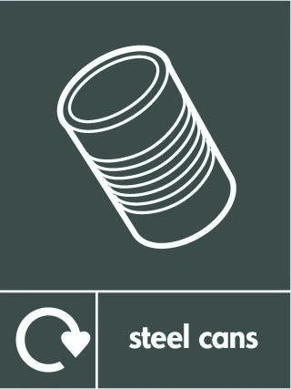 Steel cans recycling sign showing white recycling arrow, material illustration and wording on a dark grey portrait panel. Artwork META0064.