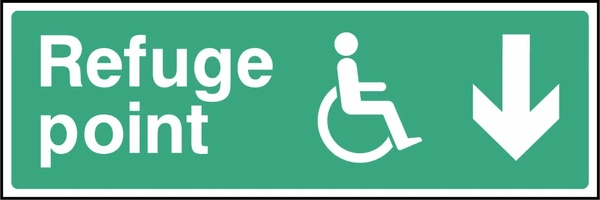 Refuge point sign showing down arrow and wheelchair symbol. Artwork EMER0074.