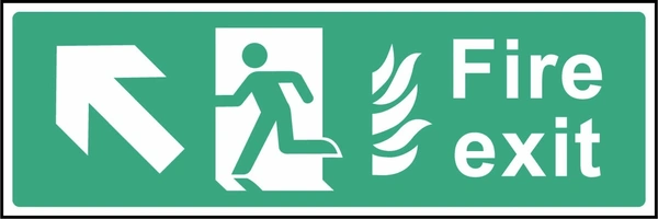 Green and white Fire exit sign showing up-left arrow. Artwork EMER0017.