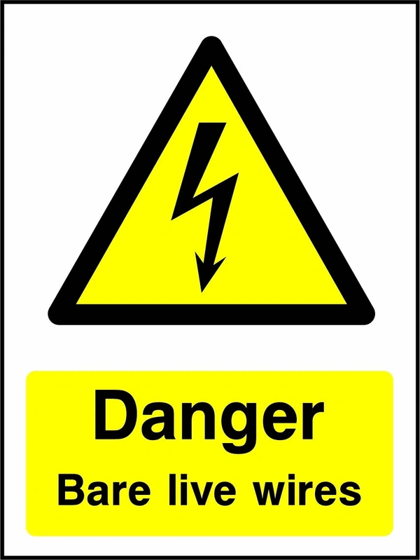 Danger — Bare live wires sign showing yellow electrical lightning bolt warning triangle above wording. Artwork ELEC0041.
