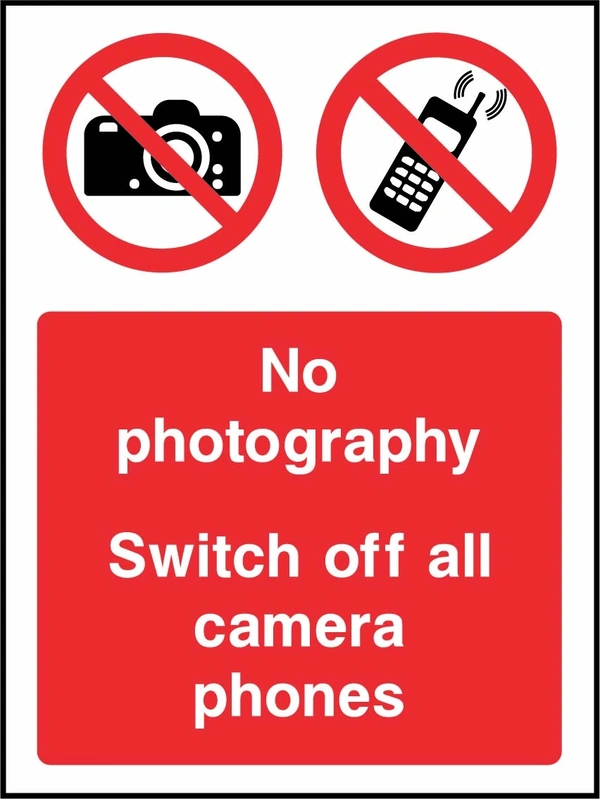 No photography — Switch off all camera phones sign showing red camera and mobile phone prohibition symbol above wording. Artwork GENE0113.