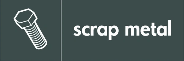 Scrap metal recycling sign showing white material illustration and wording on a dark grey letterbox panel. Artwork META0020.