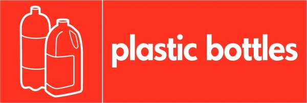 Plastic bottles recycling sign showing white plastic illustration and wording on a red letterbox panel. Artwork PLAS0009.