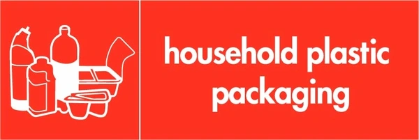 Household plastic packaging recycling sign showing white plastic illustration and wording on a red letterbox panel. Artwork PLAS0006.