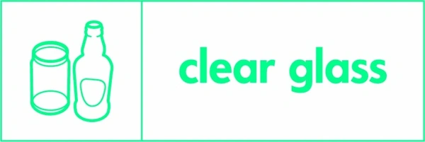 Clear glass recycling sign showing glass illustration and wording on a green on white letterbox panel. Artwork GLAS0009.