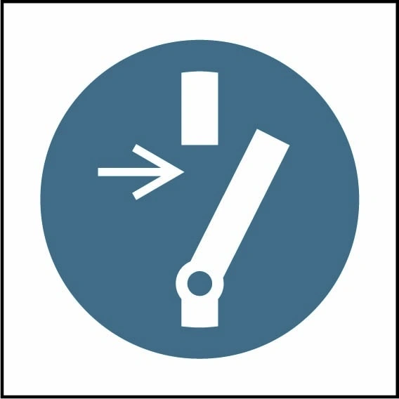 Disconnect before maintenance pictogram sign showing white disconnecting switch pictogram in blue circle. Artwork MACH0059.