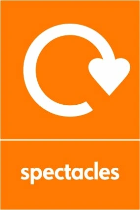 Spectacles collection-point artwork with a white recycling arrow and wording on orange. OTHE0048.