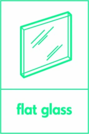Flat glass recycling sign showing glass illustration and wording on a green on white portrait panel. Artwork GLAS0031.