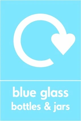 Blue glass bottles & jars recycling sign showing recycling arrow and wording on a light blue portrait panel. Artwork GLAS0020.
