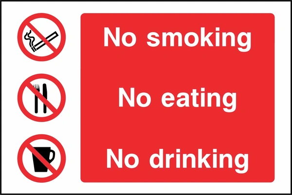 No smoking — No eating — No drinking sign. multiple coloured smoking and vaping policy panels. Artwork SMOK0043.