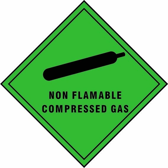 Non flammable compressed gas sign showing diamond-shaped dangerous-substance symbol with supplied colours and markings. Artwork DANG0007.