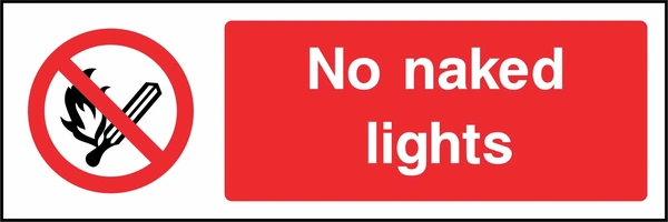 No naked lights sign. red cigarette or naked-flame prohibition pictogram beside a red wording panel. Artwork SMOK0005.